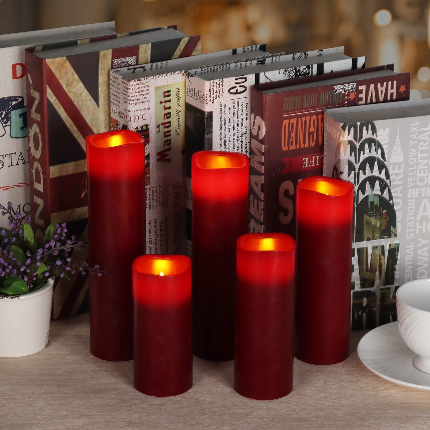 antizer Flameless Candles Led Candles Pack of 9 (H 4" 5" 6" 7" 8" 9" x D 2.2") Burgundy Real Wax Battery Candles with Remote Timer