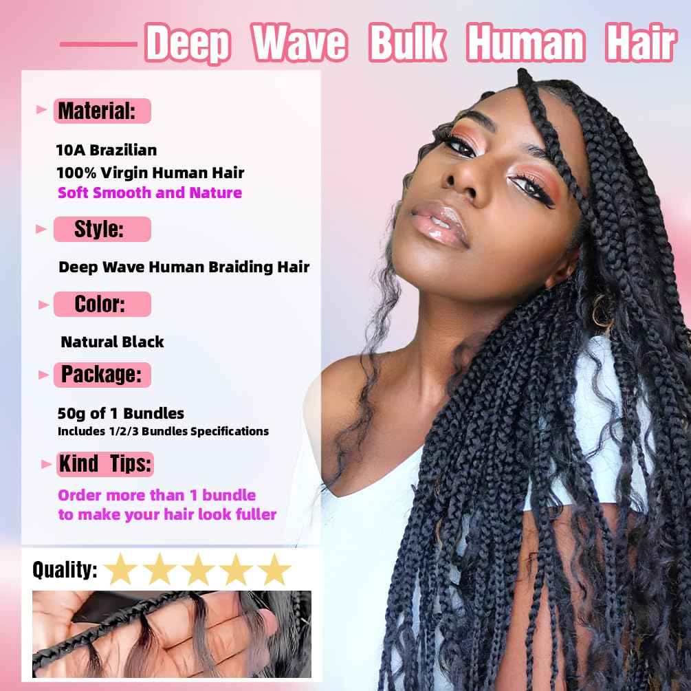 Human Braiding Hair, 2 Bundle 100g 16 Inch Boho Braids Human Hair 10A Deep Wave Bulk Brazilian Virgin No Weft Wavy Hair Extensions for Boho Bohemian Micro Braid Bulk for Braiding Natural Black