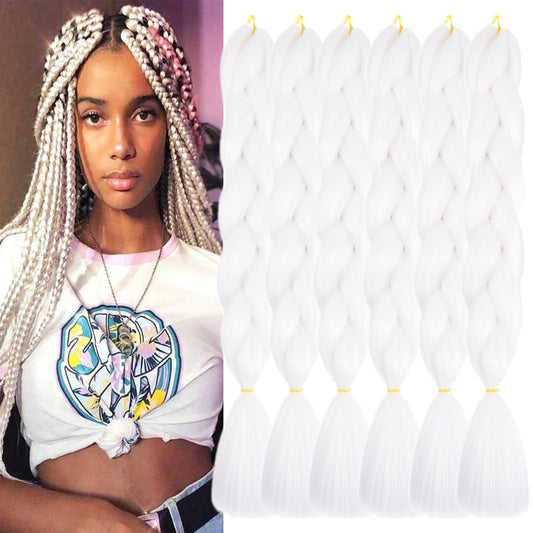 TENGSHUO FLY White Braiding Hair 6 Packs Synthetic Braid Hair Extensions Jumbo Ombre Braiding Hair 24 Inch or Box Braids Twist Crochet Braids(24"6Pack,White(60#)