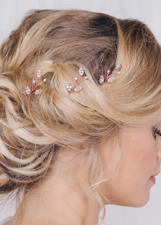 fxmimior 3 PCS Bridal Women Vintage Wedding Party Hair Pins Crystal Hair Accessories (rose gold)