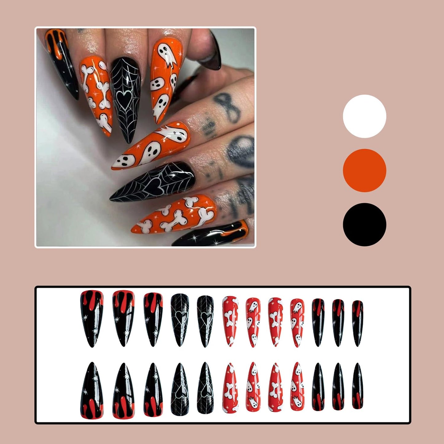 24 Pcs Halloween Press on Nails Long Stiletto Nail Tips with Cute Bone Spider Web Designs Ghost Fake Nails Orange Acrylic Nails Glossy Glue on Nails Halloween Nails for Women Girl