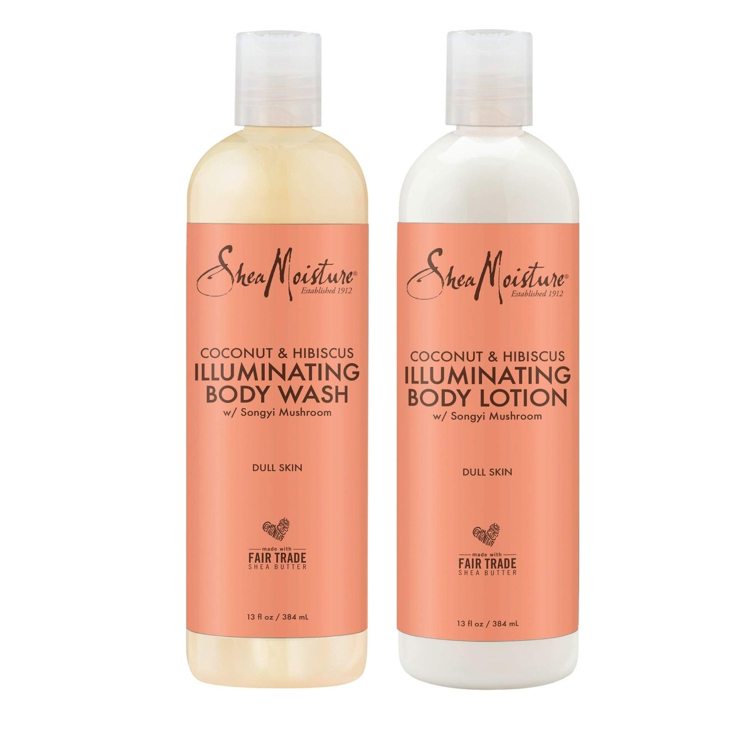 Shea Moisture Body Wash and Shea Moisture Lotion - Coconut & Hibiscus Body Wash & Coconut Lotion for Dry Skin with Songyi Mushroom, 13 Fl Oz Ea (2 Piece Set)