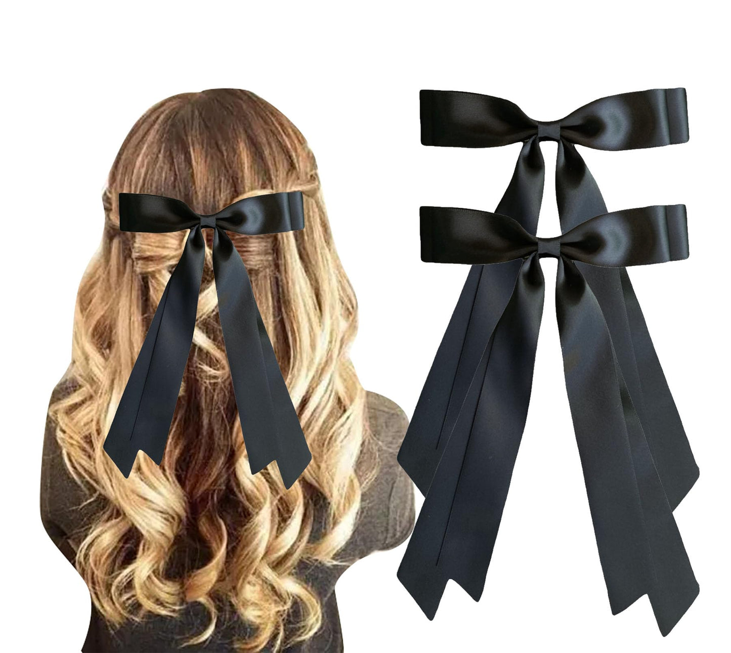 Silky Satin Ribbon Bow Hair Clips for Women Bowknot Hair Ponytail Holder Accessories for Women Girls Toddlers Teens Kids Party Wedding Prom Daily Outfits (Black*2)