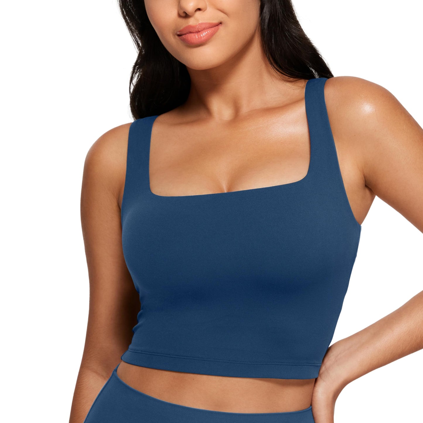 CRZ YOGA Butterluxe Womens Square Neck Longline Sports Bra - Workout Crop Tank Tops Padded with Built in Shelf Yoga Bra French Navy XX-Small