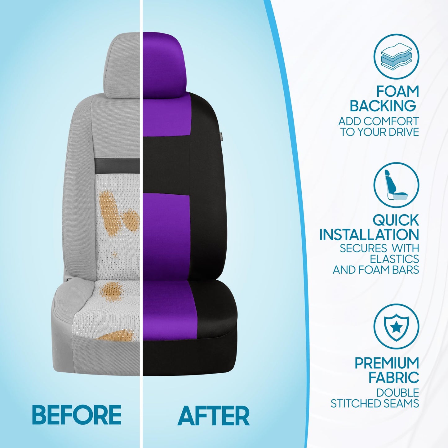 BDK PolyPro Car Seat Covers Full Set in Purple on Black – Front and Rear Split Bench Seat Covers, Easy to Install, Car Accessories for Auto Trucks Van SUV