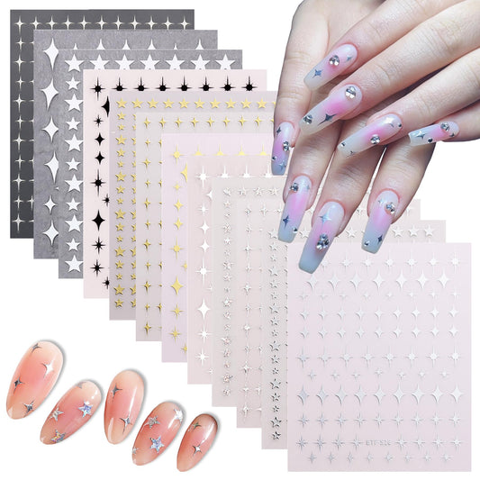 Eseres 12 Sheets Star Nail Stickers Self-Adhesive Metallic Star Nail Decals Shinning Stars for Nail Art Designs Holographic Nail Supplies Decoration for Women