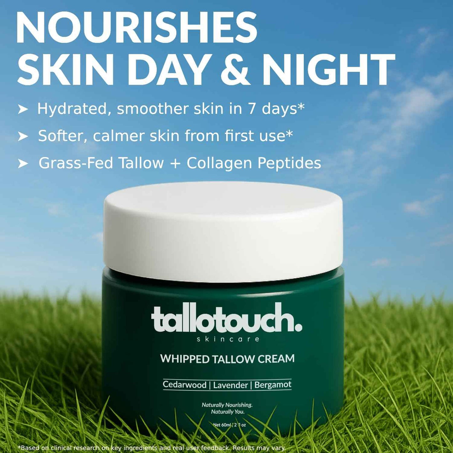 Whipped Tallow Cream for Face & Body - 100% Grass-Fed Beef Tallow, Collagen, Shea Butter & Beeswax Moisturizer, Deep Hydration & Skin Repair, Essential Oils, Fast Absorbing