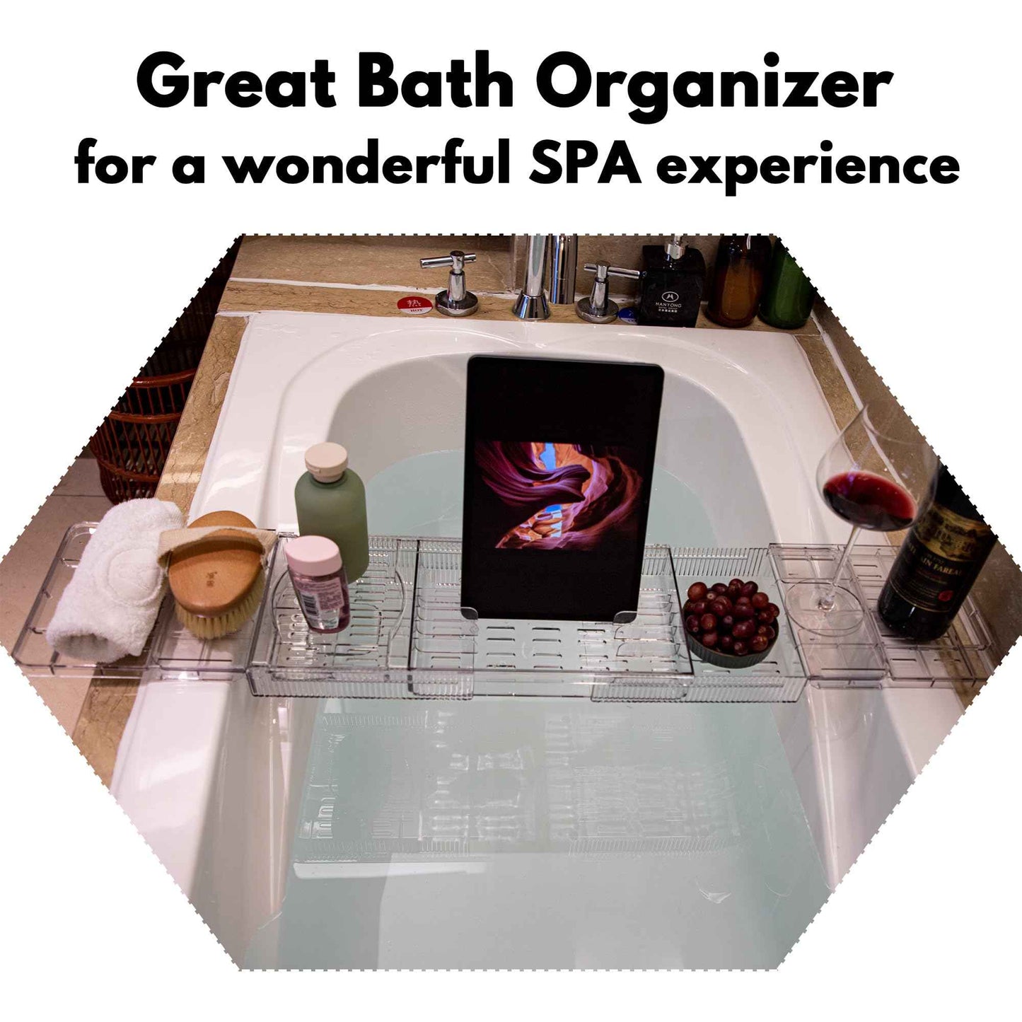 TAIKONLAB (Extended Edition) Expandable Bathtub Tray for Tub, Clear & Easy Maintenance Acrylic Bath Organizer for Relaxing Spa, Bath Tub Caddy Tray Fits Most Bathtubs and Bathroom Décor Style