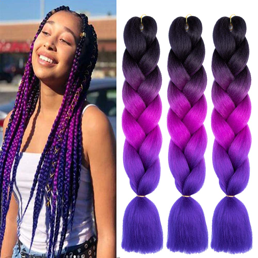 YUKAYULA 3 Packs/Lot 24'' Braiding Hair Extensions Hot Water Setting Yaki Texture Synthetic Ombre Jumbo braids hair For Women (24 Inch, Black to Red to Blue)