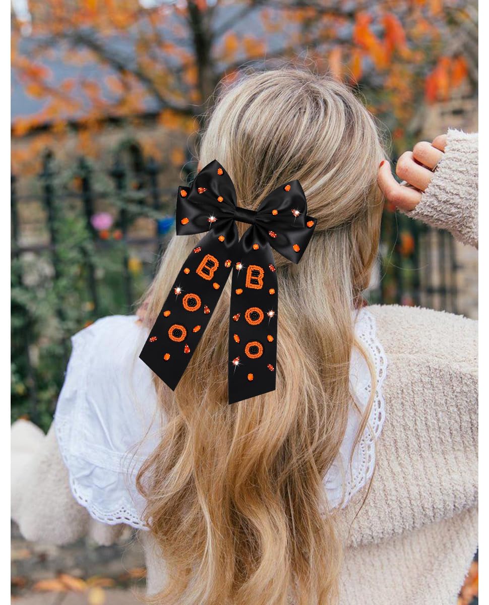 Halloween Hair Bows Accessories for Women Spooky Halloween Hair Clips Candy Corn Boo Pumpkin Ghost Hair Bows Large Orange Black Hair Ribbons Barrettes Halloween Outfits Costume Gifts (Pattern A)