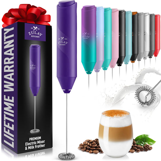 Zulay Kitchen Powerful Milk Frother Wand - Mini Milk Frother Handheld Stainless Steel - Battery Operated Drink Mixer for Coffee, Lattes, Cappuccino, Matcha - Froth Mate Milk Frother Gift, Deep Purple