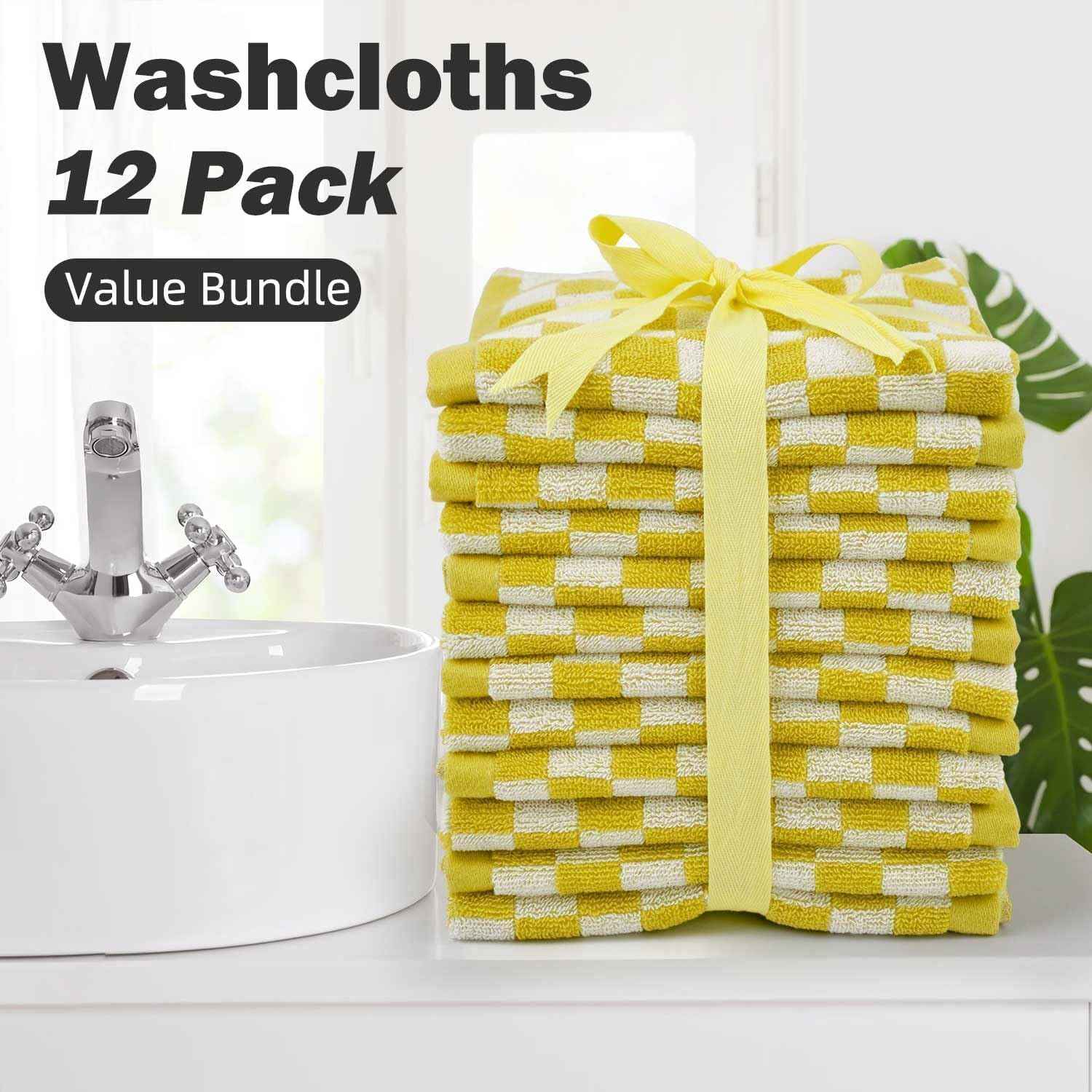 Super Soft Wash Cloths(Mustard Yellow Checkered), 12 Pack Washcloths Facecloth, Cotton Face Towels Set for Body Showering 13x13 Inches, Gifts