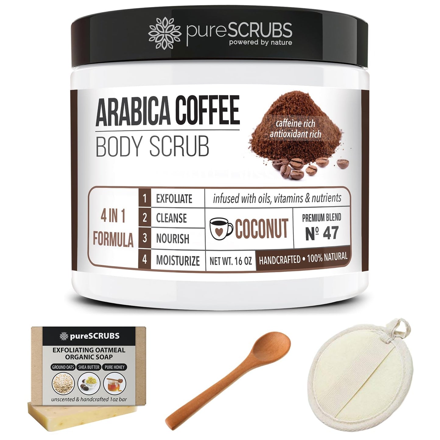 pureSCRUBS Premium Organic Arabica Coffee Body Scrub Set - COCONUT BLEND Large 16oz Anti Cellulite Scrub With Essential Oils & Nutrients + FREE Wooden Spoon, Loofah & Mini Organic Exfoliating Bar Soap