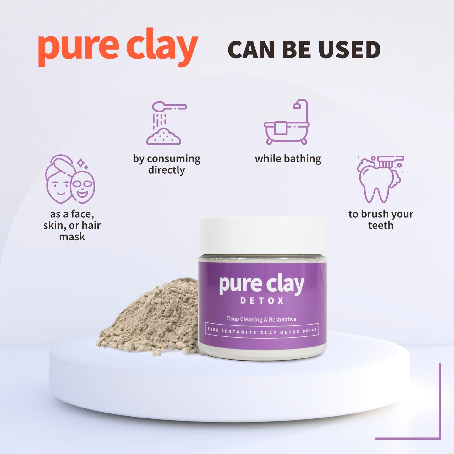 PURE CLAY Food Grade Organic Calcium Bentonite Clay Powder, Internal and External Deep Cleansing, Daily Detox Drink, Face Mask, Body Mud, & Toothpaste - 16 oz