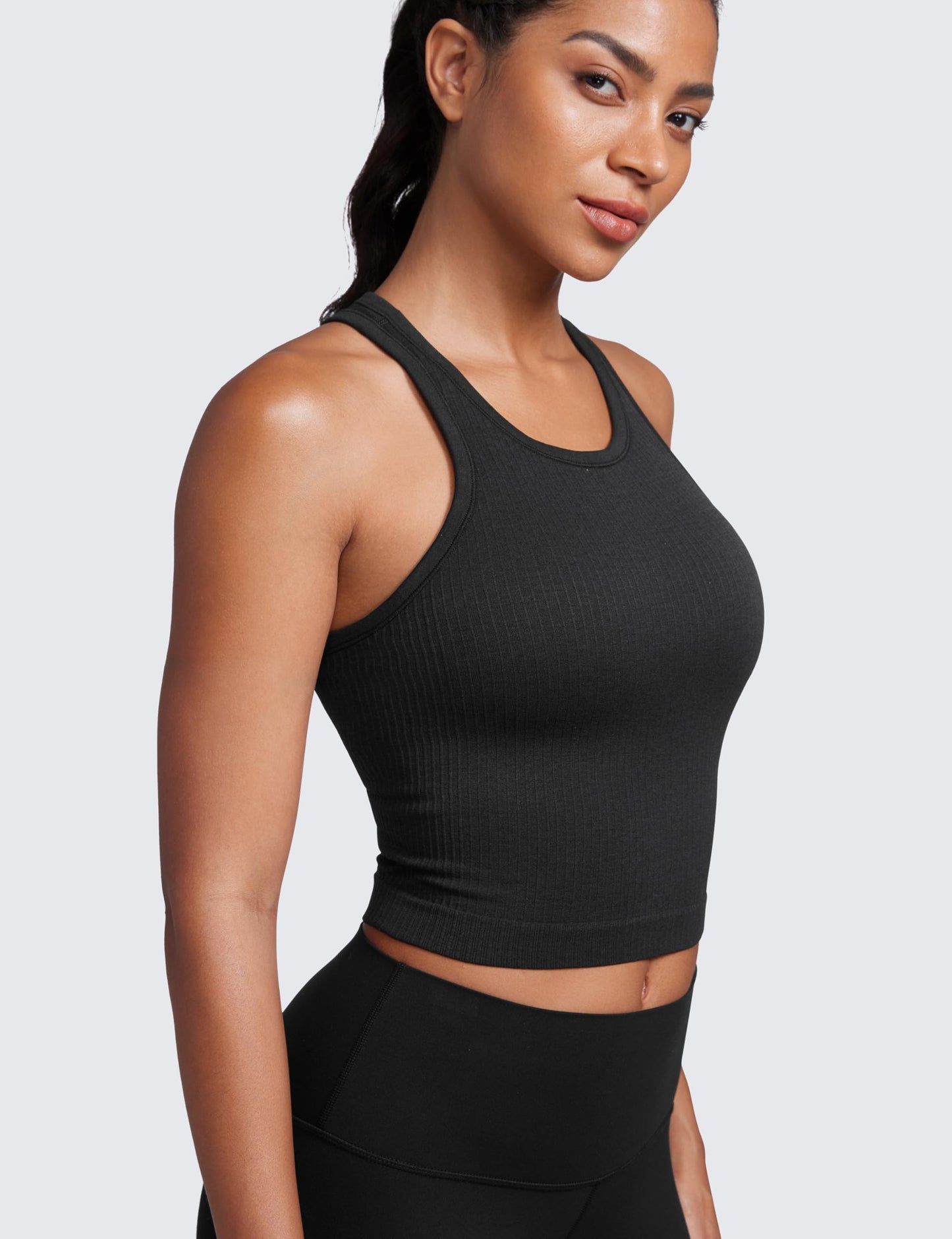 CRZ YOGA Womens Seamless Ribbed Longline High Neck Sports Bra - Racerback Padded Slim Fit Crop Tank Top with Built in Bra Black XX-Small