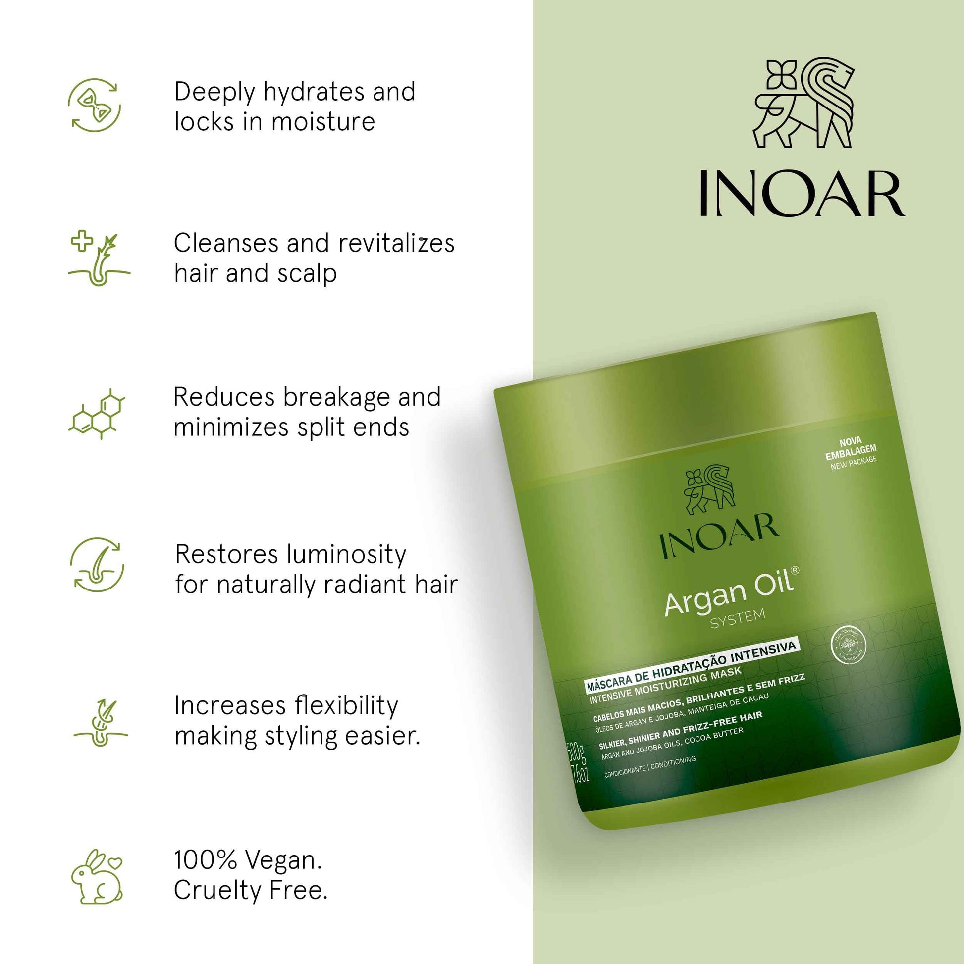 INOAR Argan Oil Hair Mask Hidratante Deep Moisture & Repair Treatment, 17.64 Fl Oz
