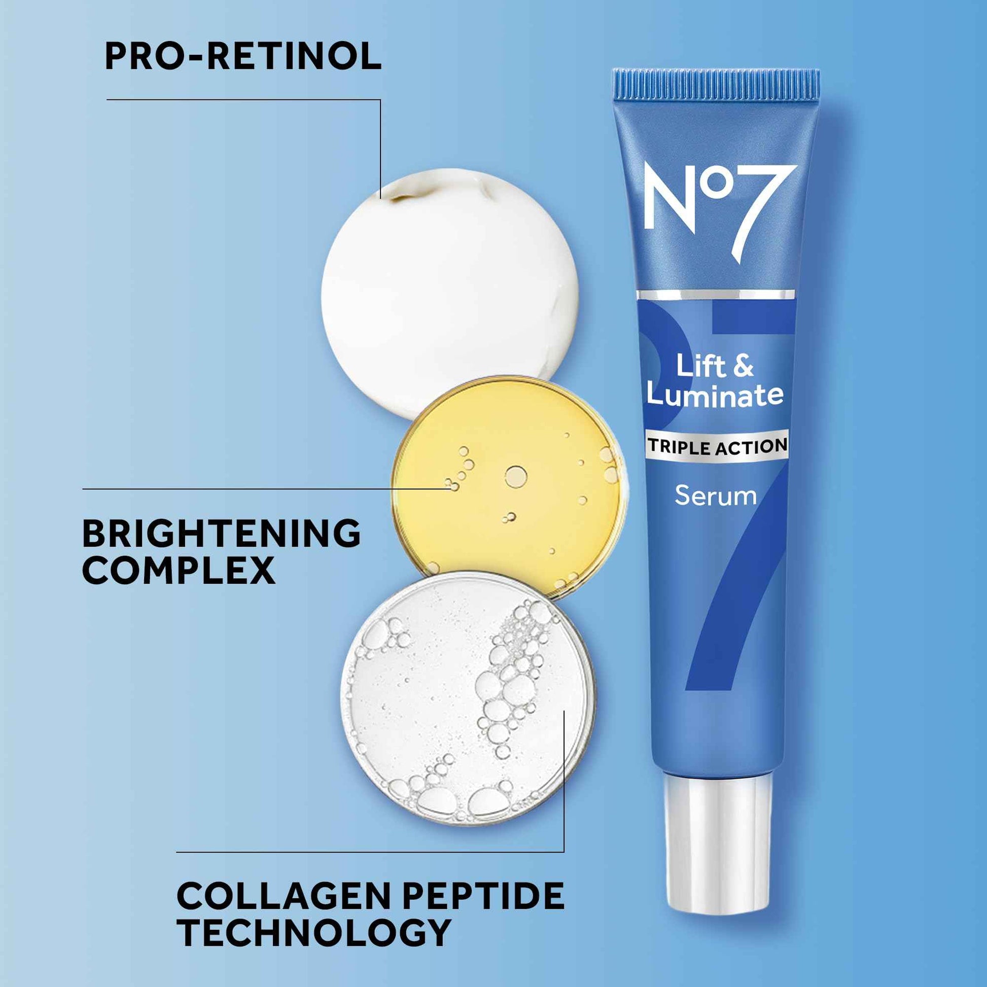 No7 Lift & Luminate Triple Action Face Serum - Collagen Peptide Anti-Wrinkle + Brightening Emblica & Vitamin C Serum + Pro Retinol Skin Firming Hyaluronic Acid & Hibiscus (50ml)