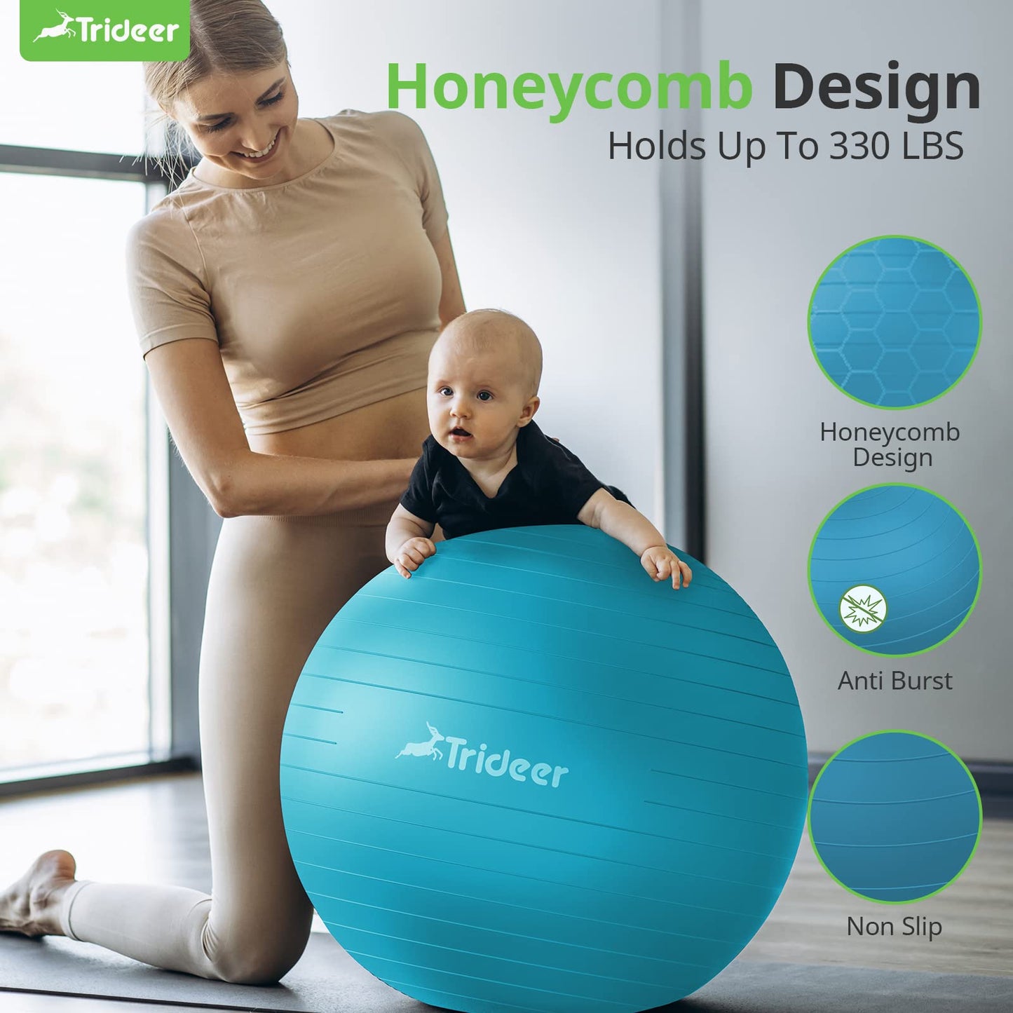 Trideer Yoga Ball - Exercise Ball for Workout pilates Stability - Anti-Burst and Slip Resistant for physical therapy, Birthing, Stretching &Core Workout, Office Ball Chair, Flexible Seating, Home Gym