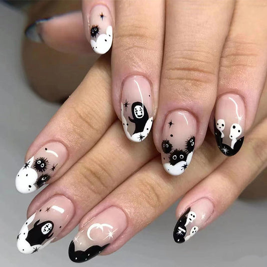 Halloween Fake Nails Short Press on Nails Almond Acrylic Nails White French Translucent Nails Press ons Black Ghosts Artificial Cute Halloween Stick on Nails Set