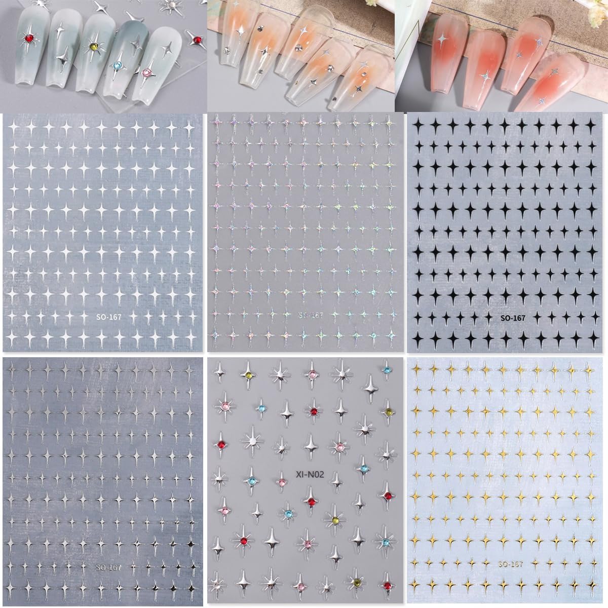 8 Sheets Star Nail Art Stickers Gold Sliver Star Nail Art Stickers Shiny GoldStar Nail Design Nail Art Supplies Gold Silver White Black Stars Nail Accessories for Women Girls Manicure Decorations