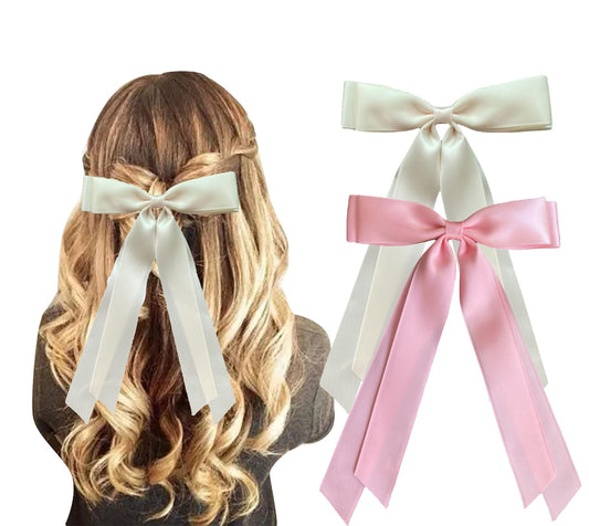 Silky Satin Ribbon Bow Hair Clips for Women Bowknot Hair Ponytail Holder Accessories for Women Girls Toddlers Teens Kids Party Wedding Prom Daily Outfits (Beige+Pink)