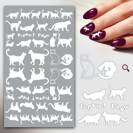 Nail Stickers Decals (5 Sheets) FLONZNAIL White Cat Silhouettes Nail Decor Transfer Vintage Styled Stickers