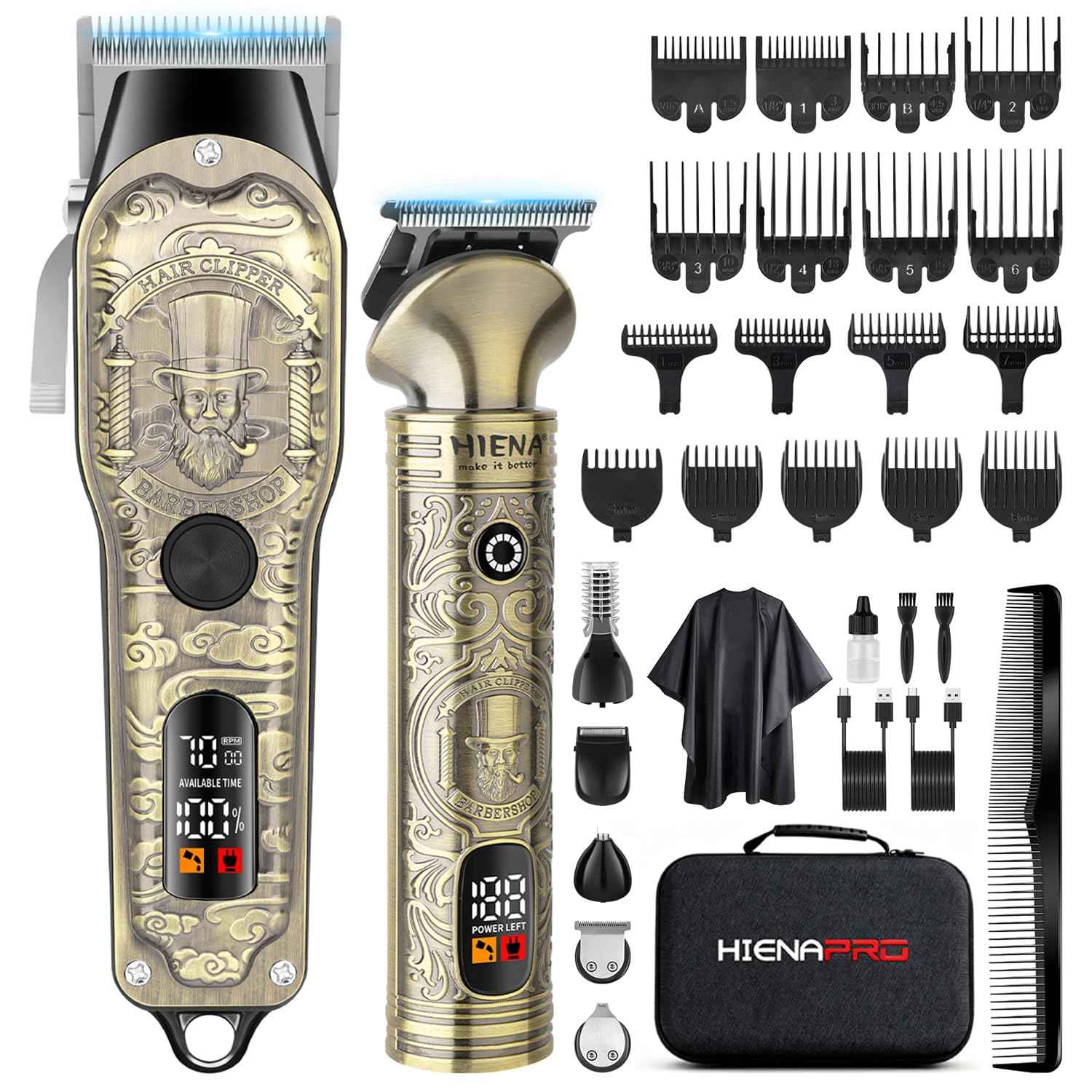 HIENA PRO Hair Clippers for Men Professional, Cordless Barber Clipper T-Blade Beard Trimmer Nose & Body Hair Trimmer Foil Shaver Grooming Kit, Electric Full Men's Hair Cutting Kit with 17 Guide Combs