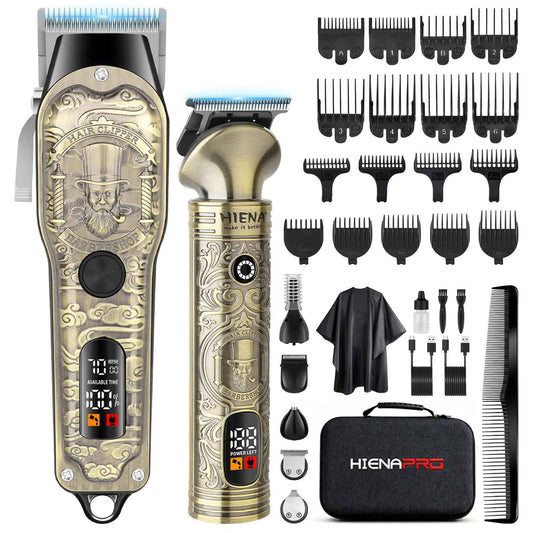 HIENA PRO Hair Clippers for Men Professional, Cordless Barber Clipper T-Blade Beard Trimmer Nose & Body Hair Trimmer Foil Shaver Grooming Kit, Electric Full Men's Hair Cutting Kit with 17 Guide Combs