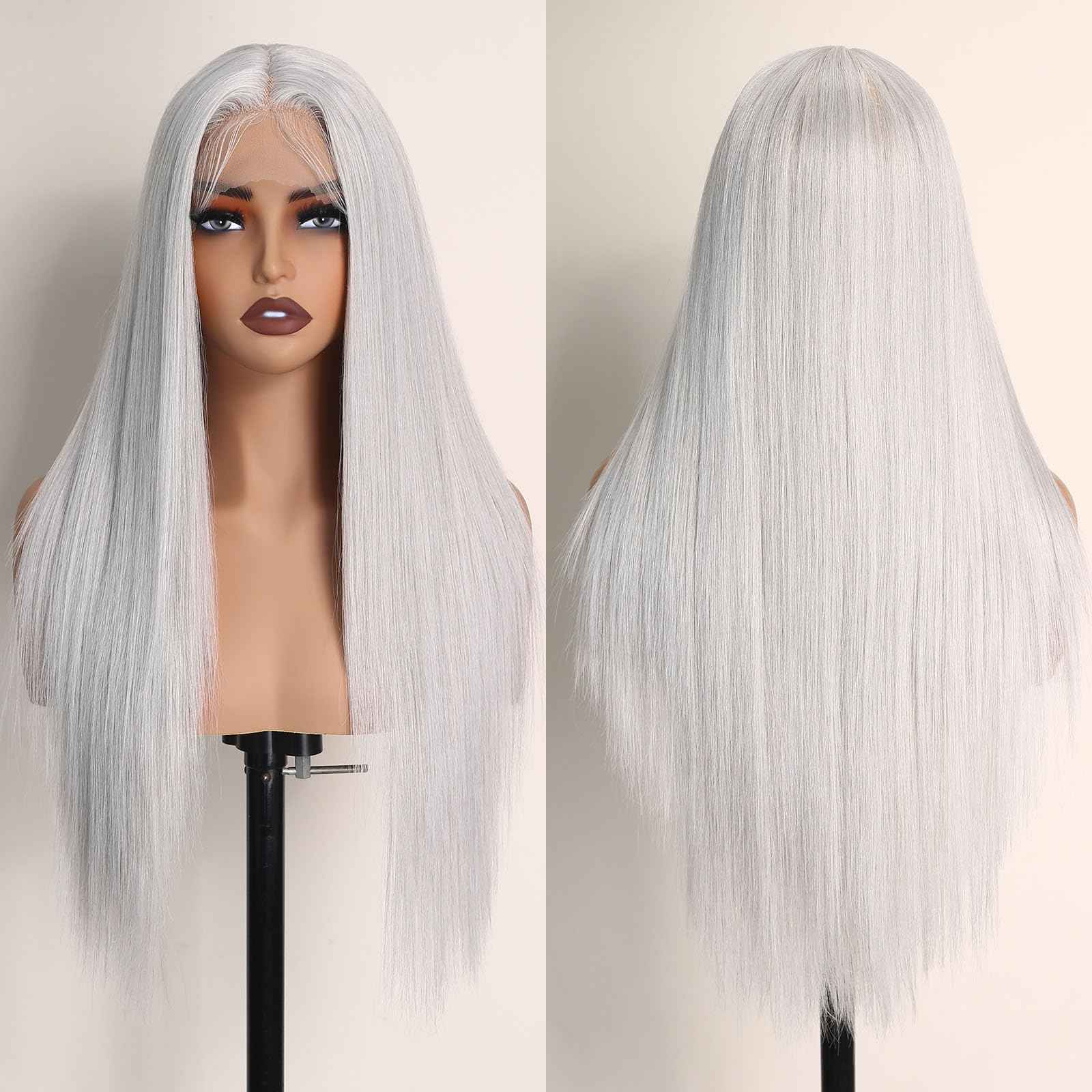 X-TRESS White Blonde Light Grey Glueless Lace Front Wig Pre Plucked Middle Part Straight Synthetic Lace Frontal Wigs 26 Inch Platinum Blonde Wigs