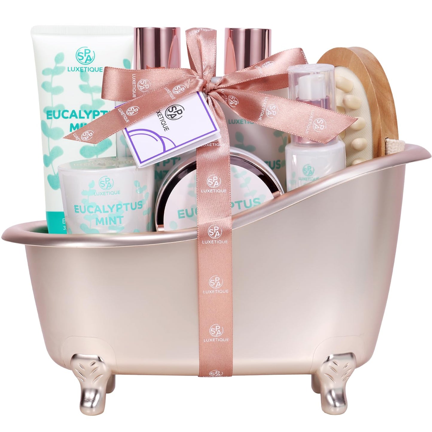 Gifts Baskets for Women, Spa Luxetique 8 Pcs Bath Gifts Set, Eucalyptus Mint Spa Gifts for Women, Luxury Self Care Kit with Shower Gel, Body Oil, Scented Candle, Birthday Gifts for Women