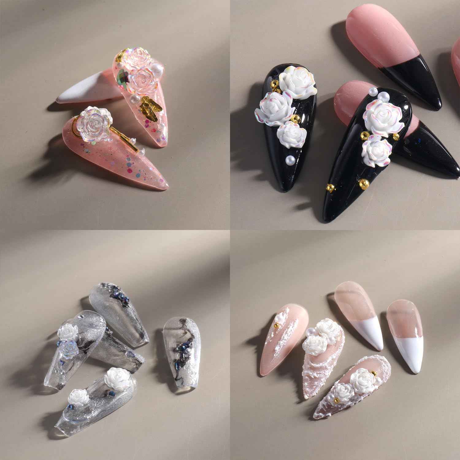 Tyuimhx Flowers Nail Charms 3D Resin White & Aurora Clear Rose Designs Nail Art Charms for Acrylic Nails Flatback Floral Nail Supplies for Women DIY Manicure Decorations Crafts (6 Grids)