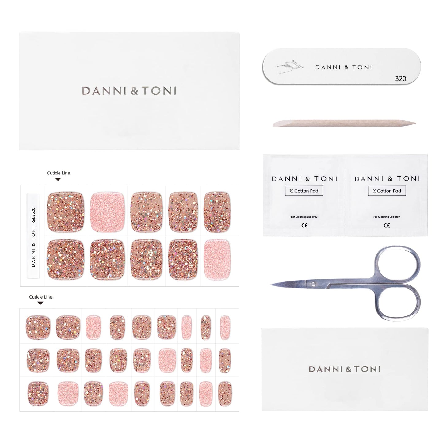 DANNI & TONI Semi Cured Gel Toenail Strips Sparkles (Glittering Charm) Red Glitters Gel Toenail Stickers Toenail Polish Strips 37 Stickers