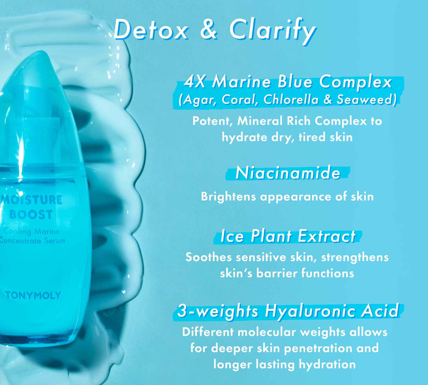 TONYMOLY Moisture Boost Hydrating Serum – Cooling Marine Concentrate with Chlorella, Seaweed & Niacinamide, Lightweight Face Moisturizer, 3 oz