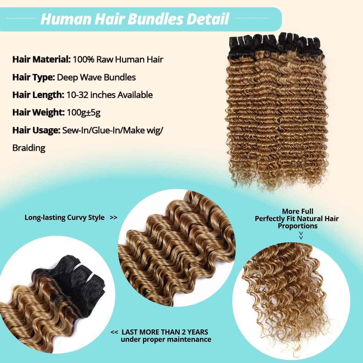 T1B/27 12A Human Hair Bundles 16 Inch Deep Wave Bundles Human Hair 100% Unprocessed Brazilian Virgin Deep Curly Weave 1 Bundle Water Wavy Hair Extensions Honey Blonde Bundle for Women