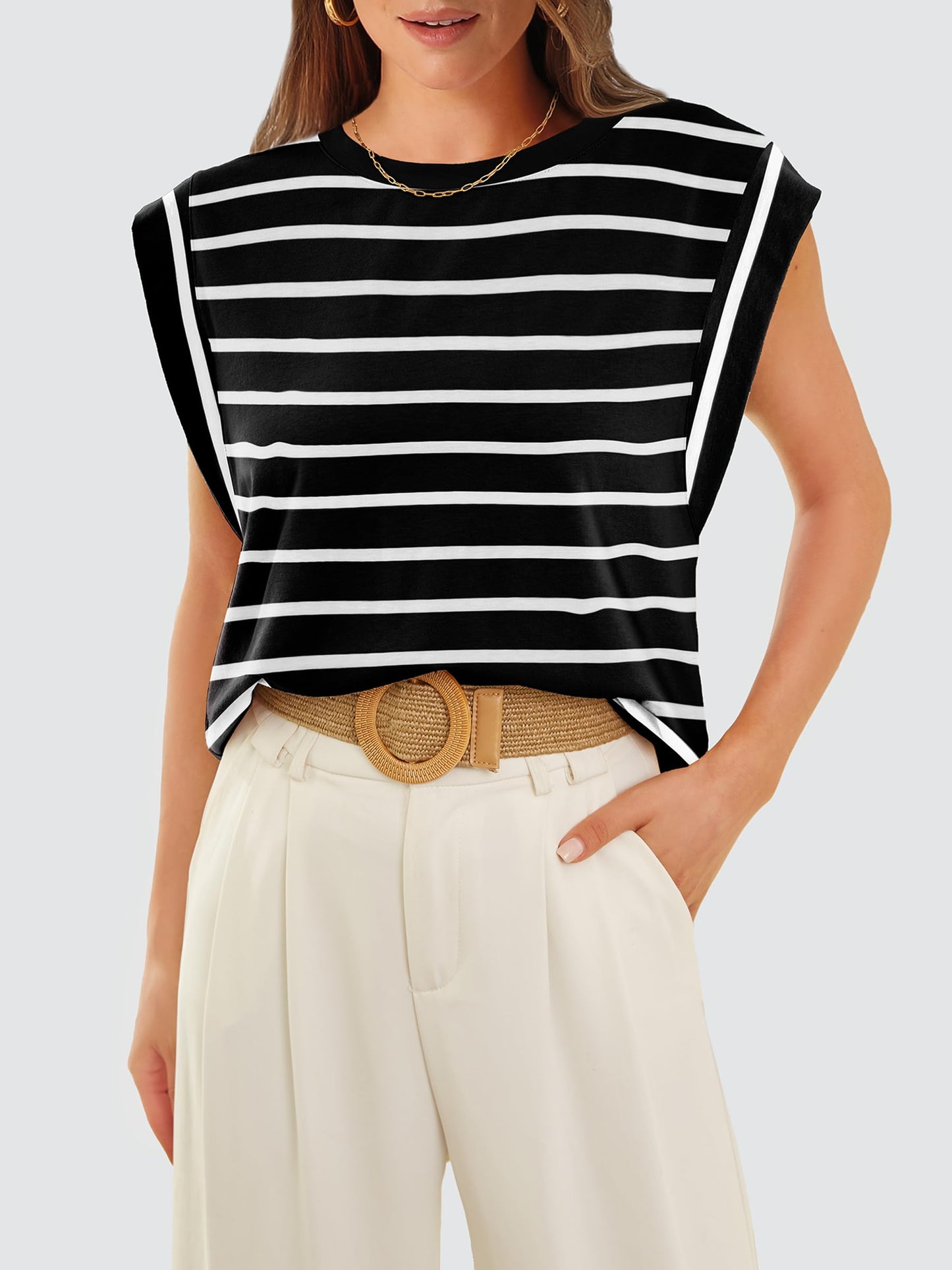 Black and White Striped Shirt Women's T Shirts Cap Sleeve High Neck Tops Trendy Spring Summer Top Dressy Casual Outfits Old Money Clothes 2024 S