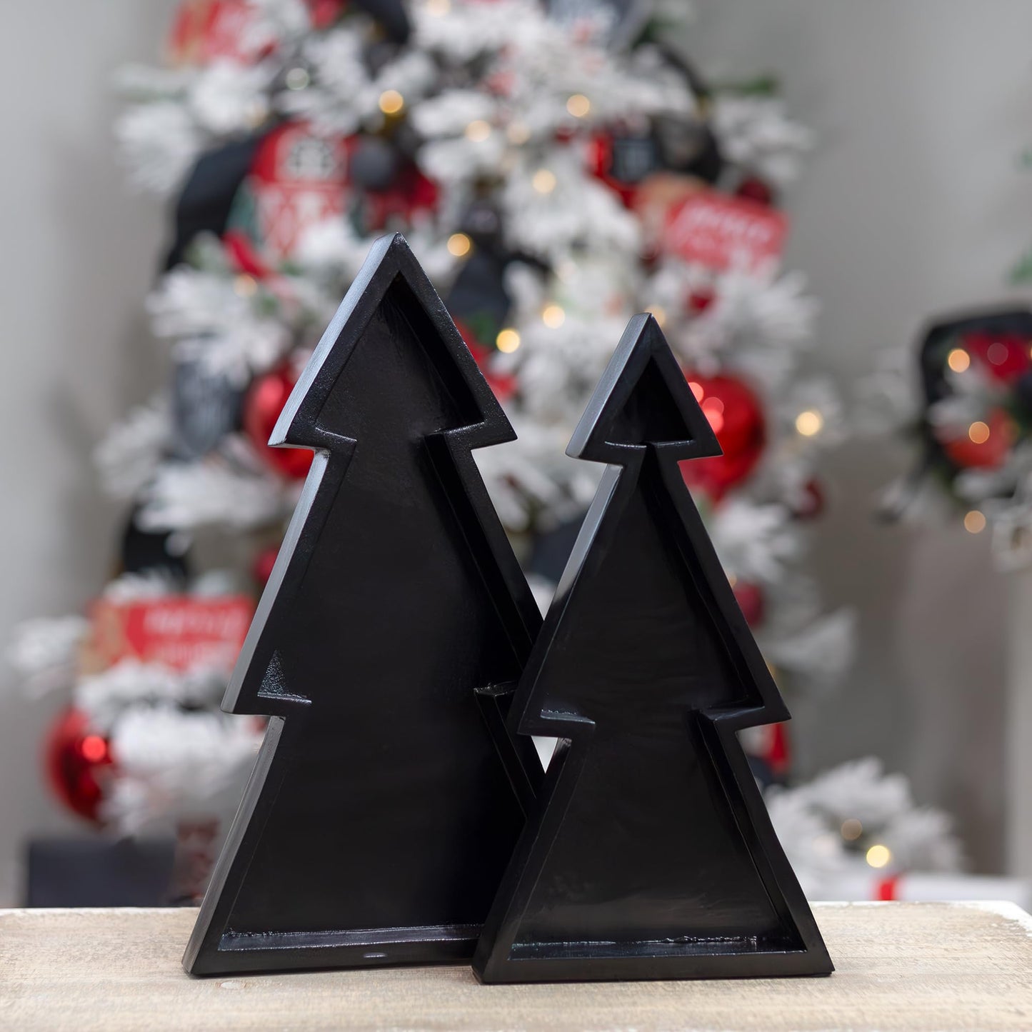 AuldHome Wooden Christmas Tree Trays (Nested Set of 2, Black), Rustic Farmhouse Style Holiday Christmas Serving Decorative Platters