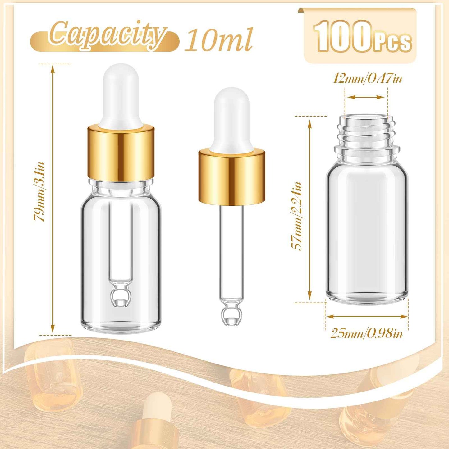 Didaey 100 Pcs Mini Glass Oil Dropper Bottle Bulk, Clear Essential Small Empty Bottles Sample Containers Perfume Liquid Vials with Cap for Traveling (10 ml,Gold)