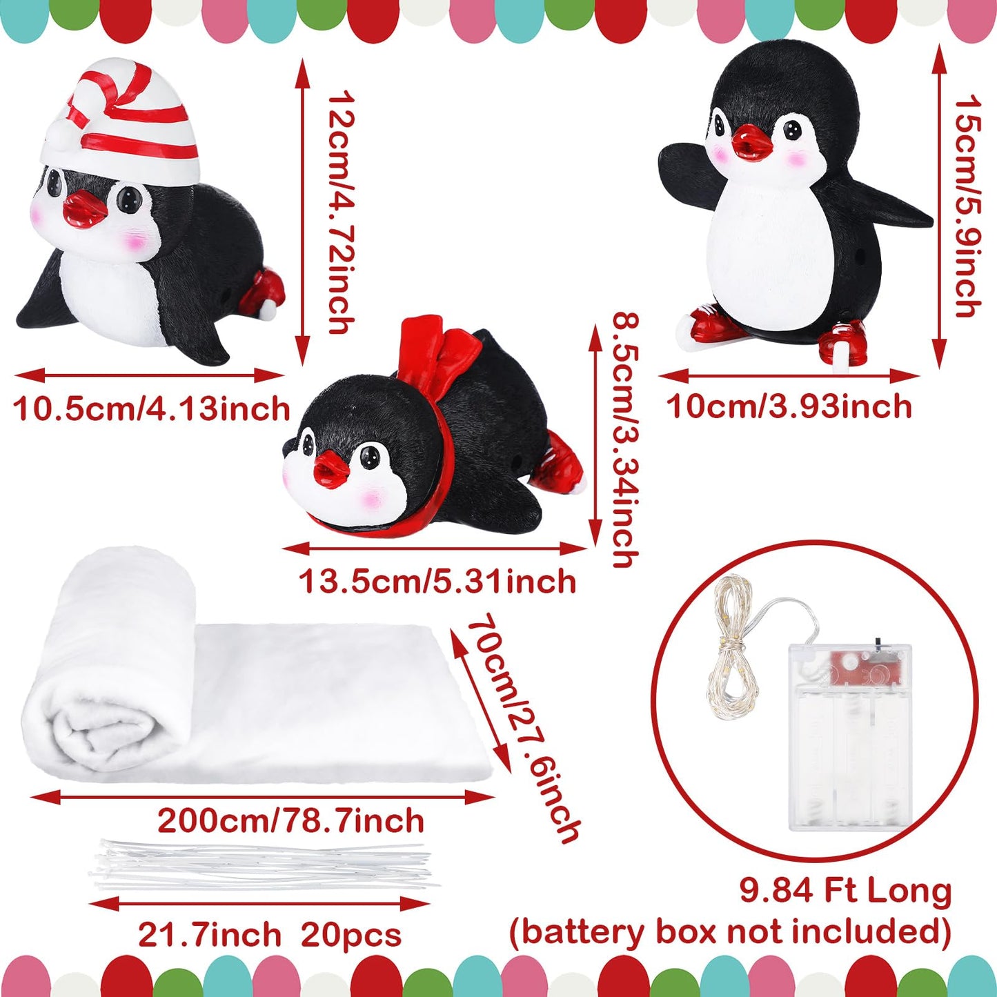 Liliful Set of 3 Penguin Stairway Holiday Decoration Resin Penguin Decor Sliding Winter Penguins in Snow Carpet with LED Lights and 20 Ribbons for Christmas Handrail Decoration Banister Stairway Gift