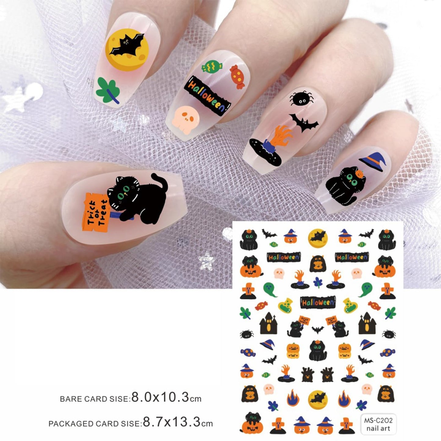 6 Sheets Halloween Cute Nail Art Stickers Decals 3D Self-Adhesive Pegatinas Uñas Cute Pumpkin Nail Decals Cat Bat Skull Spider Web Candy Designs Nail Decorations DIY Manicure Supplies for Women