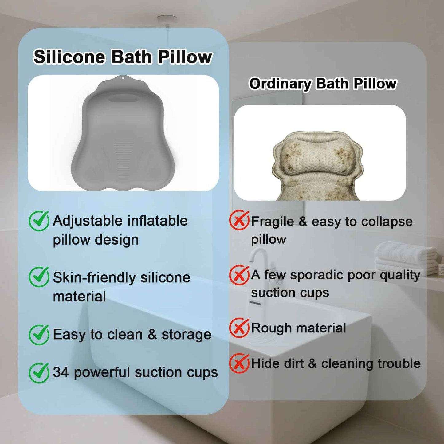 Silicone Bath Pillow for Tub – Ergonomic Bathtub Headrest with Inflatable Air Cushion, Non-Slip Suction Cups & Neck/Back Support – Comfortable Spa Bath Accessory for Relaxation (Grey)