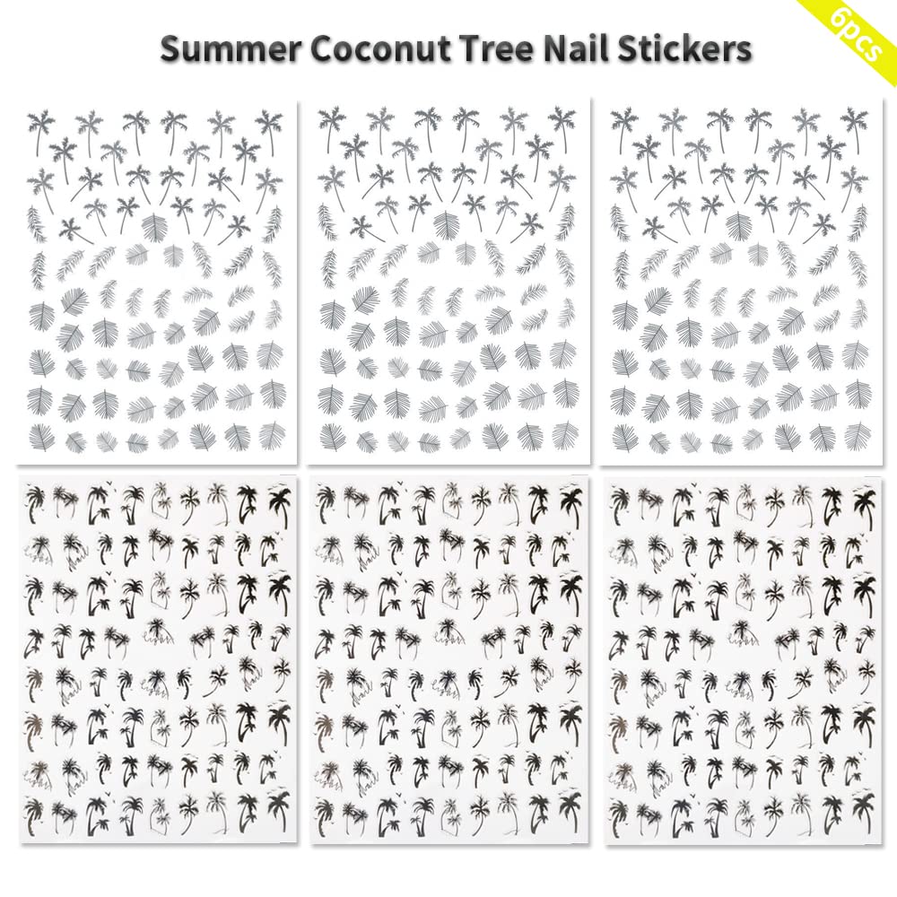 Summer Coconut Tree Nail Stickers Palm Tree Leaf Designer Nail Decals for Summer Nails Art Decorations Supplies 3D Self-Adhesive Black Gray Tropical Style Summer Nail Art Stickers for Women, 6Sheets