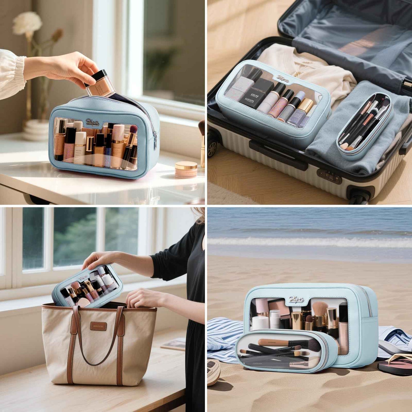 BOYATU Cute Travel Makeup Bag Set: Clear Cosmetic Bag Waterproof Toiletry Bags for Women - Large Skincare Pouch With Small Make up Brush Case for Girl (04-Blue)