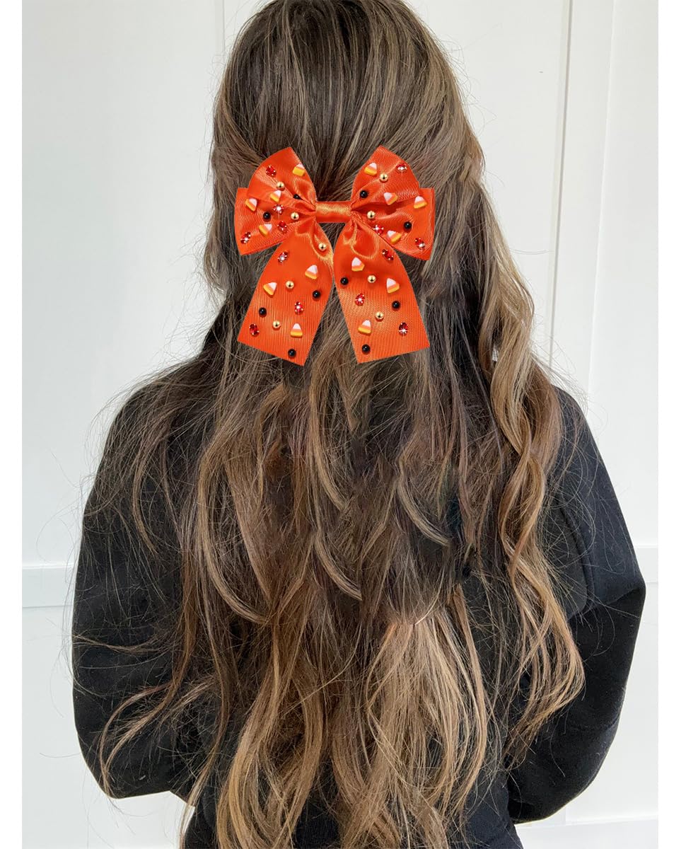 Halloween Hair Bows for Women Halloween Accessories Outfits Cute Candy Corn Hair Bows Jeweled Large Hair Bow Clips Black Orange Stain Hair Ribbons Costume Party Favors Gifts (Pattern E)