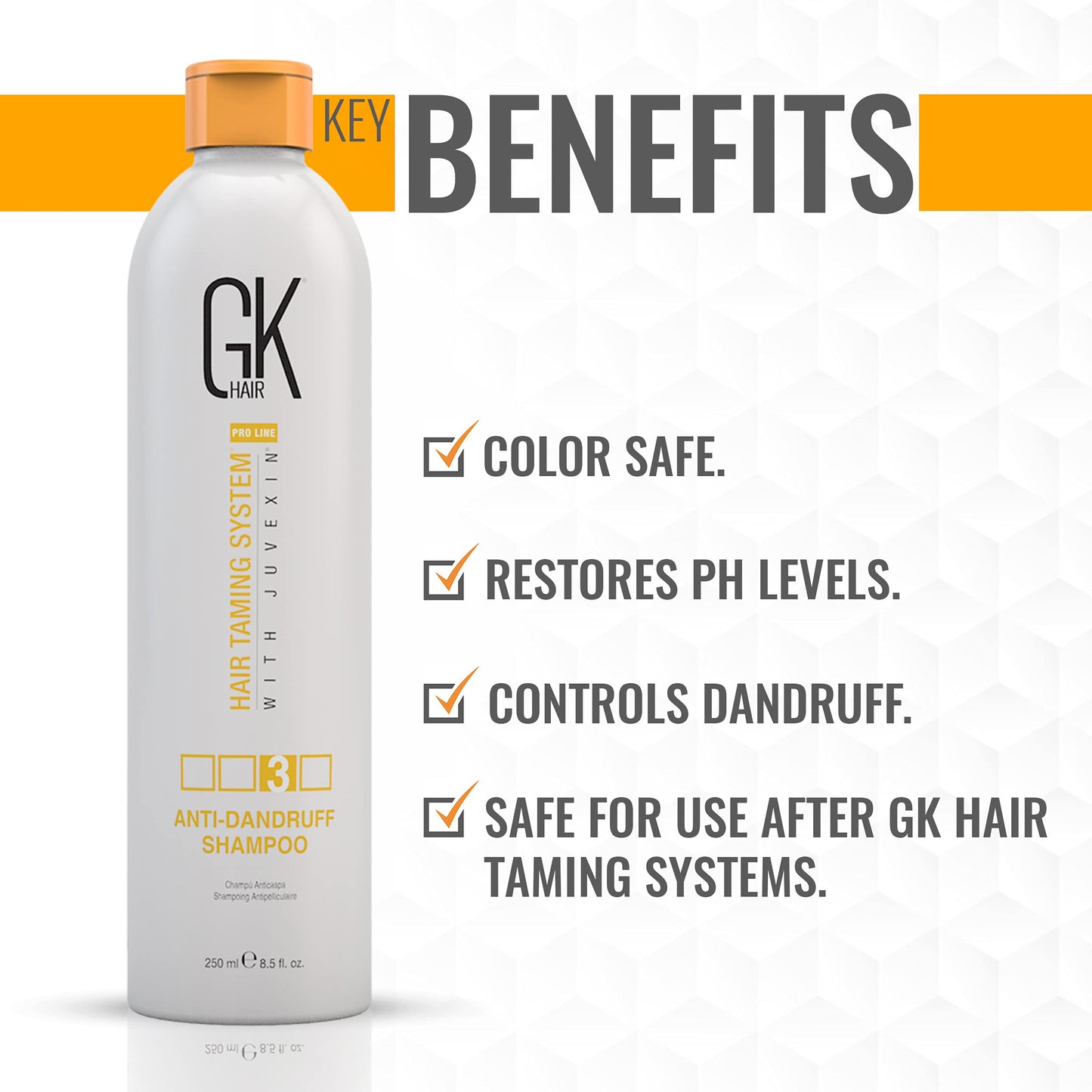 GK HAIR Global Keratin Anti Dandruff Shampoo (8.5 Fl Oz/250ml) - Hair Deep Cleansing and Impurities Remover Anti Residue Sulfate Free Shampoo for Dry Damaged Hair for Men and Women