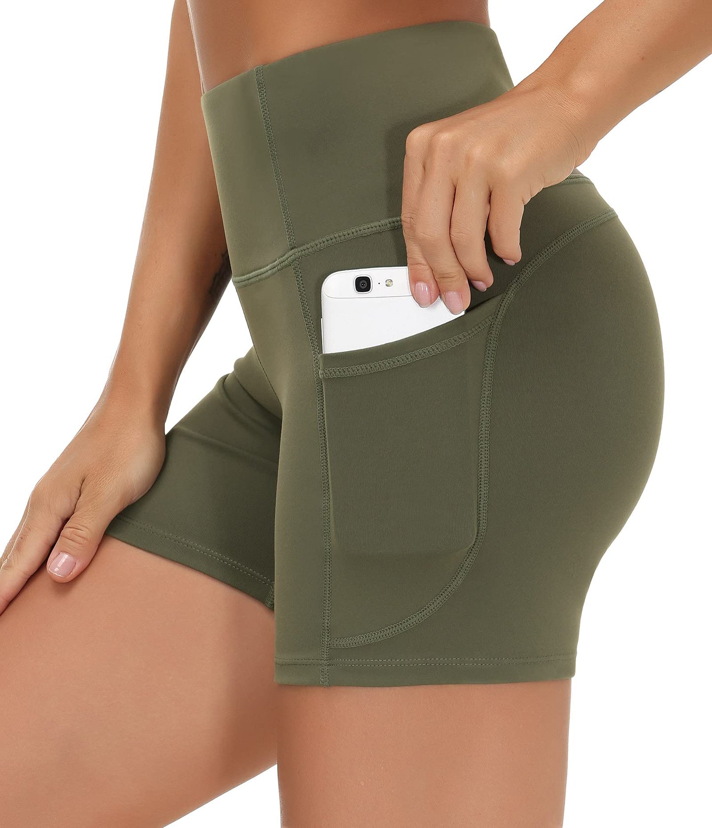 THE GYM PEOPLE High Waist Yoga Shorts for Women's Tummy Control Fitness Athletic Workout Running Shorts with Deep Pockets (Small, Olive Green)