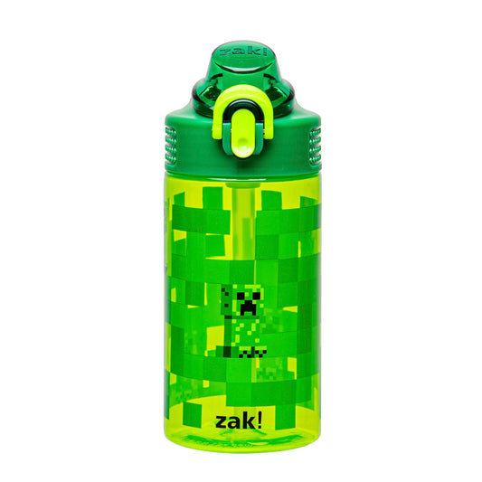 Zak Designs Sage Minecraft Kids Water Bottle For School or Travel, 16oz Durable Plastic Water Bottle With Straw, Handle, and Leak-Proof, Pop-Up Spout Cover (Creeper)