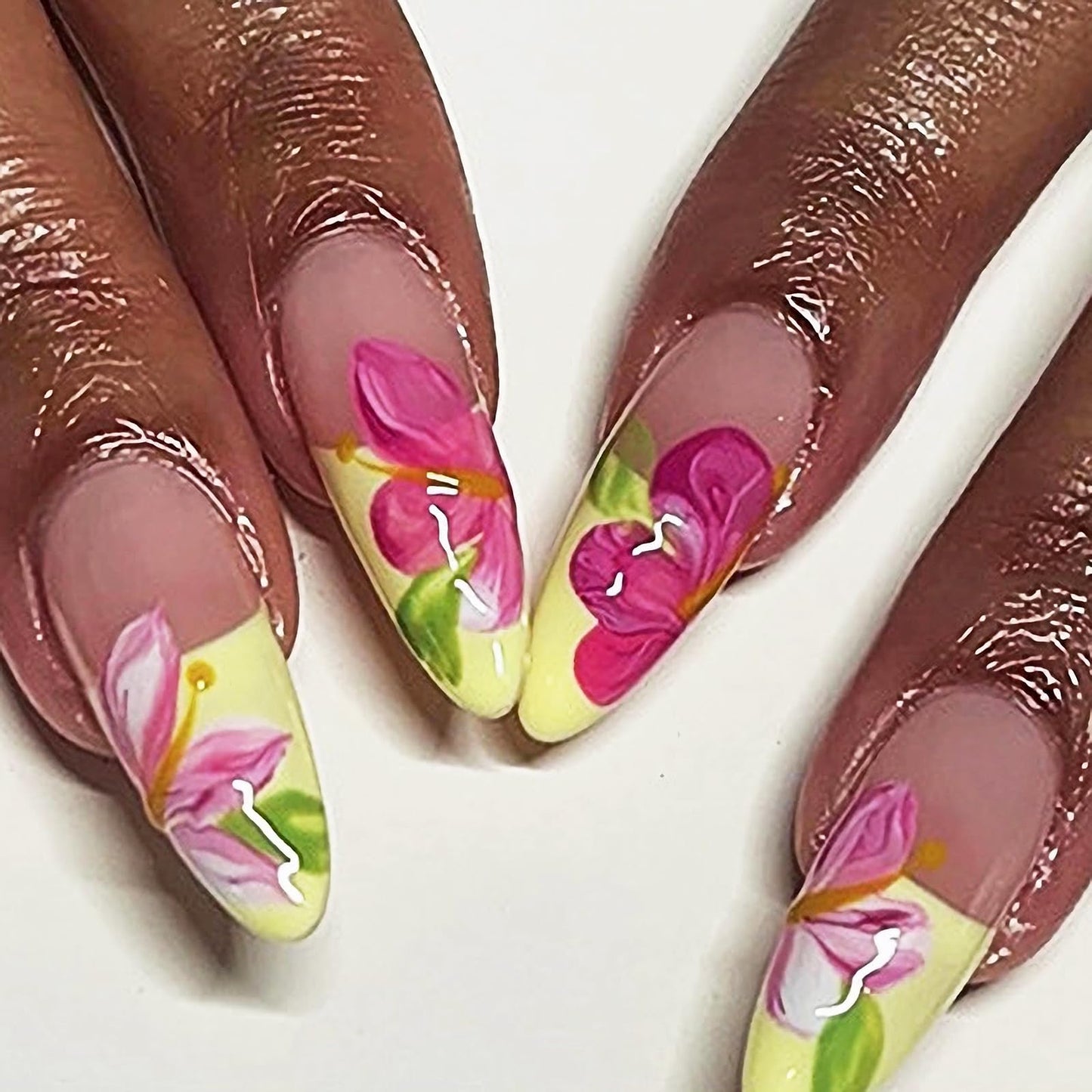 MISUD Press on Nails Medium Almond Fake Nails Glossy Glue on Nails Yellow French Tip Acrylic Nails Stiletto Artificial Nails Summer Cute Pink Flower Stick on False Nails with Design 24 pcs