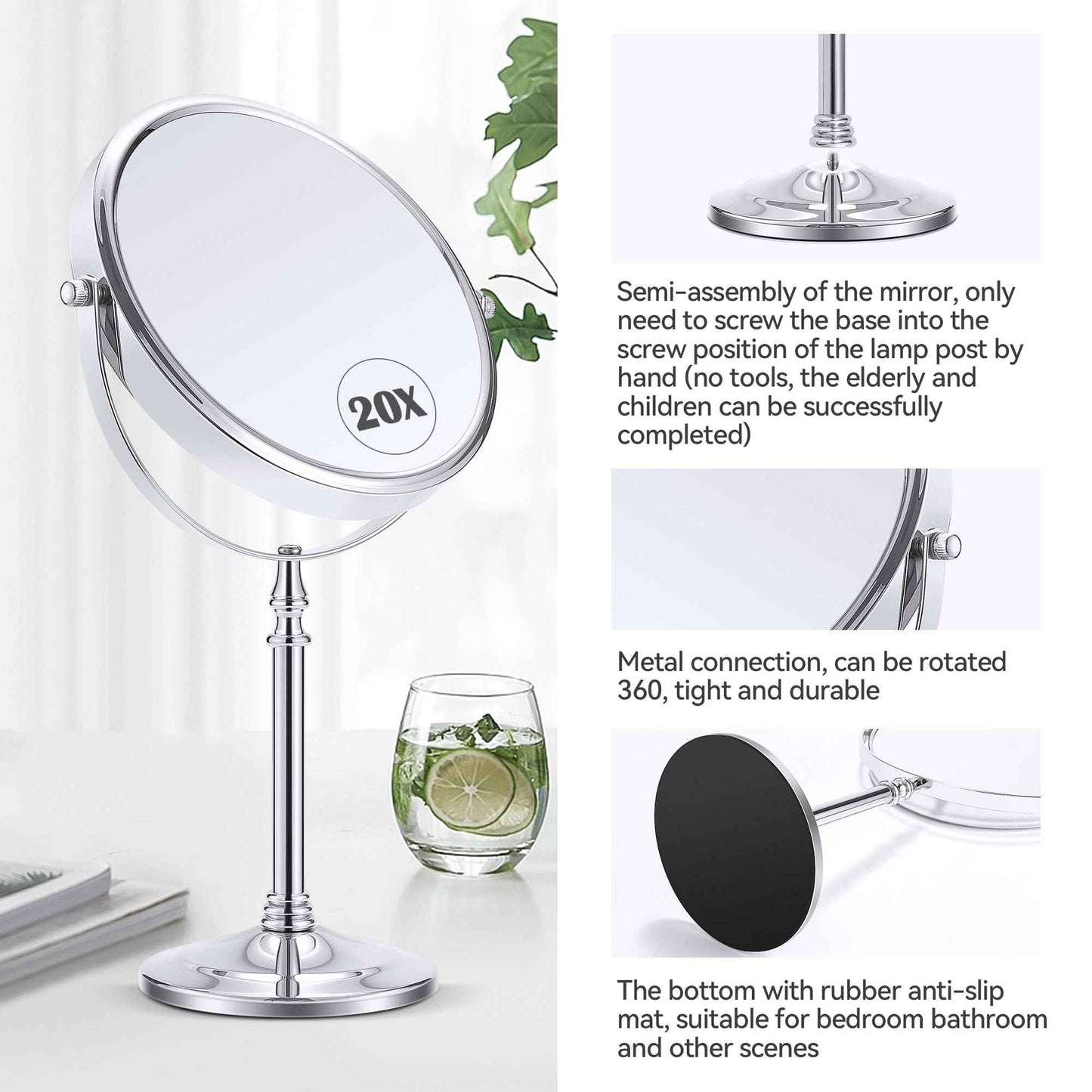 MIYADIVA Magnifying Mirror 20x, Double Sided 1X & 20X Magnifying Mirror on Stand, Large Tabletop Magnified Vanity Mirror, Magnified Mirrors with 360°Rotation for Bathroom or Bedroom,8 Inches