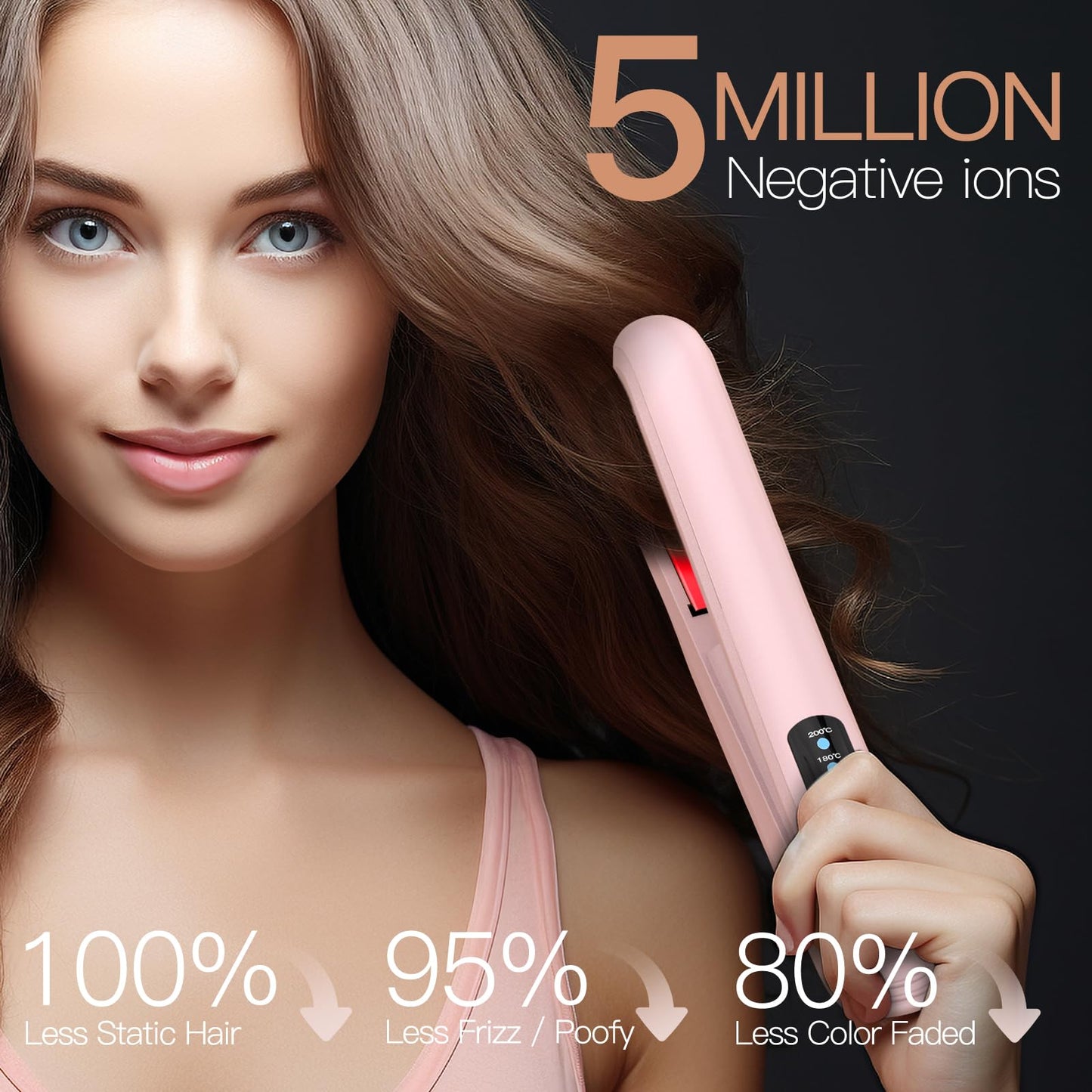 Portable Flat Iron and Curler 2 in 1，Cordless Hair Straightener for Women,USB Rechargeable, 3 Temp Settings,Fast Heating Hair Straightener for Travel (Pink)