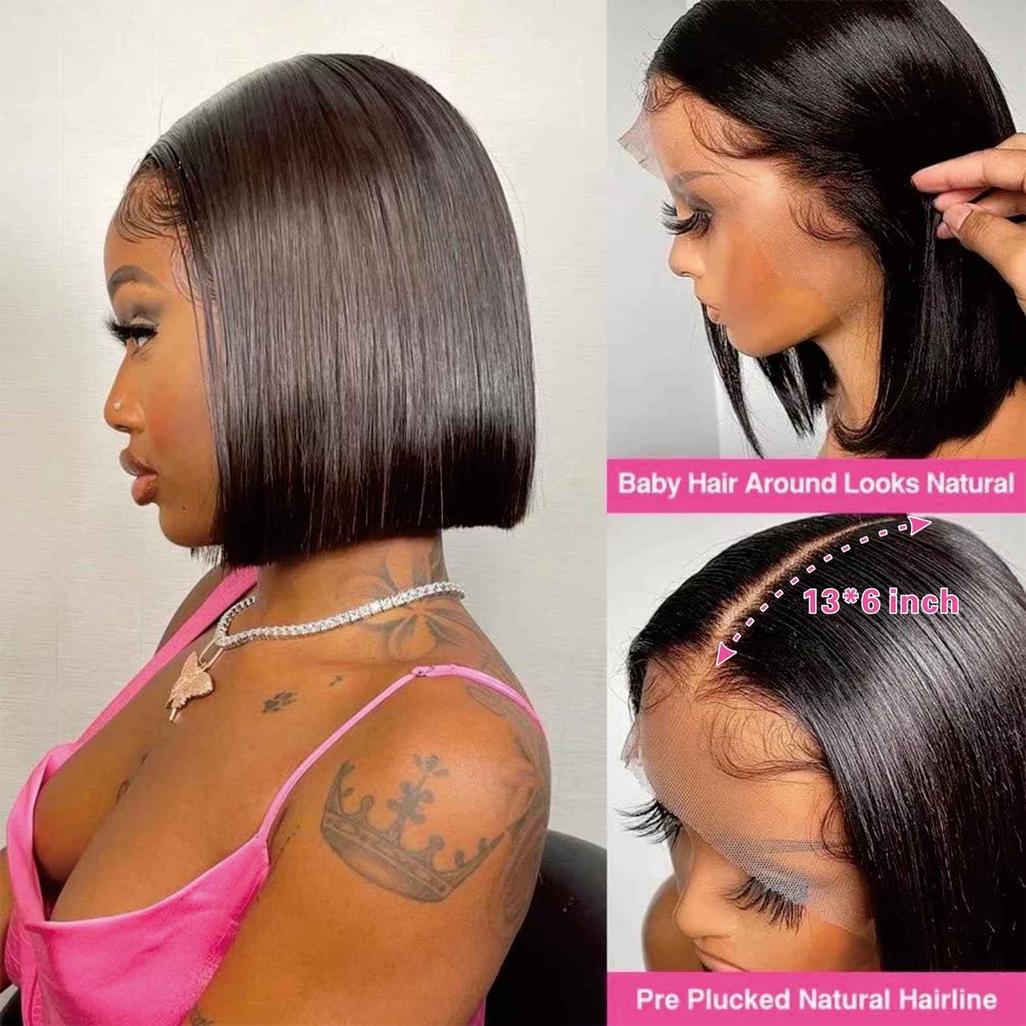 Nikiss Bob Wig Human Hair 13x6 Frontal Lace Wig Short Straight Bob Human Hair Wigs for Black Women 200 Density Pre Plucked with Baby Hair Natural Color 14 Inch